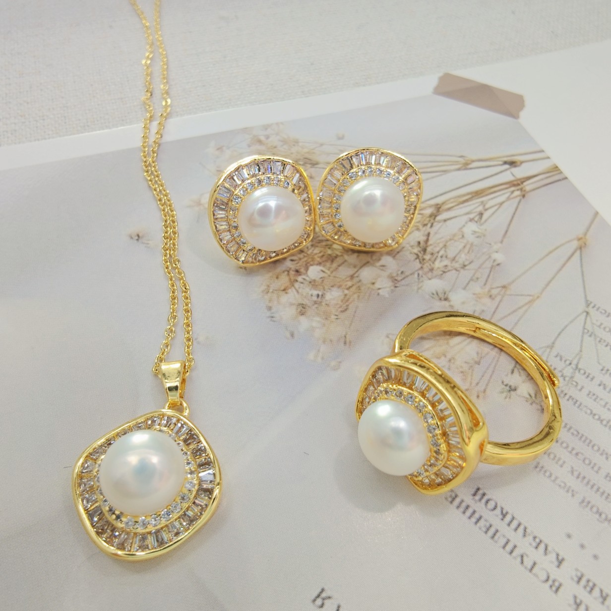 Freshwater Pearl Necklace for Women, Versatile Set, Square Micro-Inlaid Zircon Pearl Earrings, Ring, Pendant Three-Piece Set