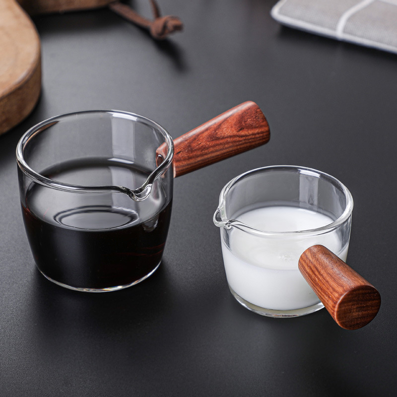 Customized Coffee Cup Glass with Scale Espresso Extraction Measuring Cup Wooden Handle Milk Cup Ounce Cup Small Milk Jug