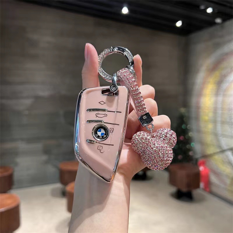 Suitable for Bmw 3 Series 5 Series X1X3X5 Car Keychain Bag with Diamonds Internet Celebrity Bear Pendant Car Key Protective Cover