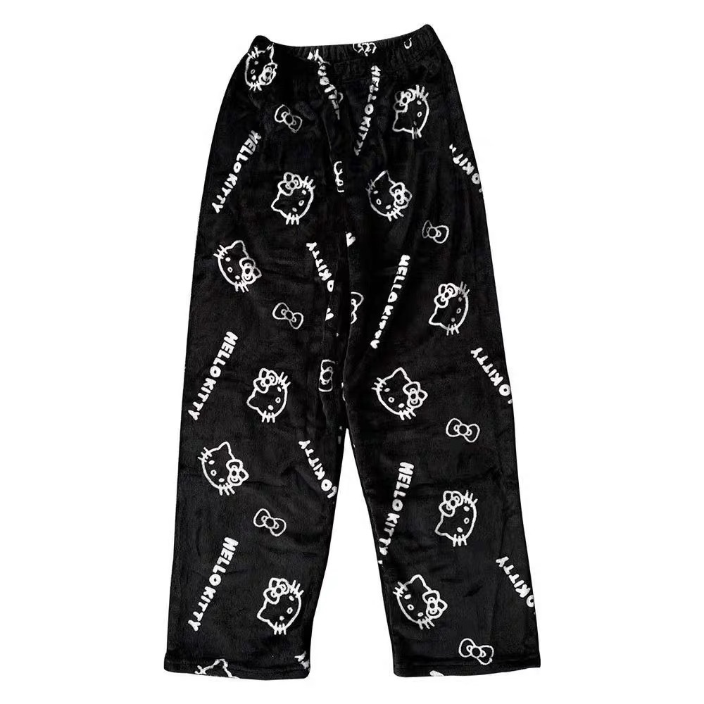 Foreign Trade Halloween Cartoon Kt Cat Flannel Pajamas Women's Autumn and Winter Fleece-Lined Warm Casual Home Graffiti Pants