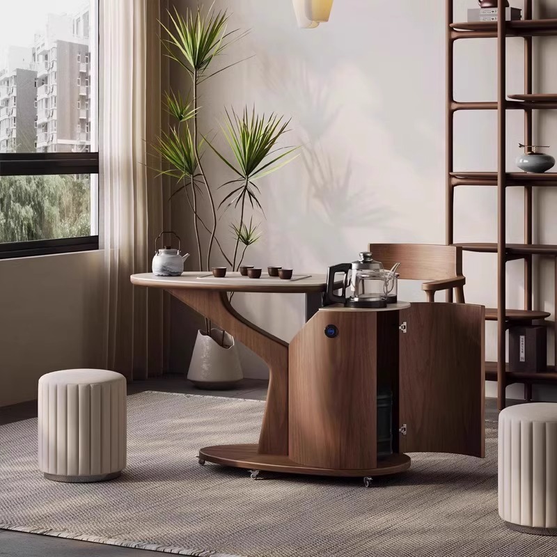 2025 New Style Balcony Home Slate Tea Table Light Luxury Small Apartment Removable Tea Table Solid Wood Tea Cart