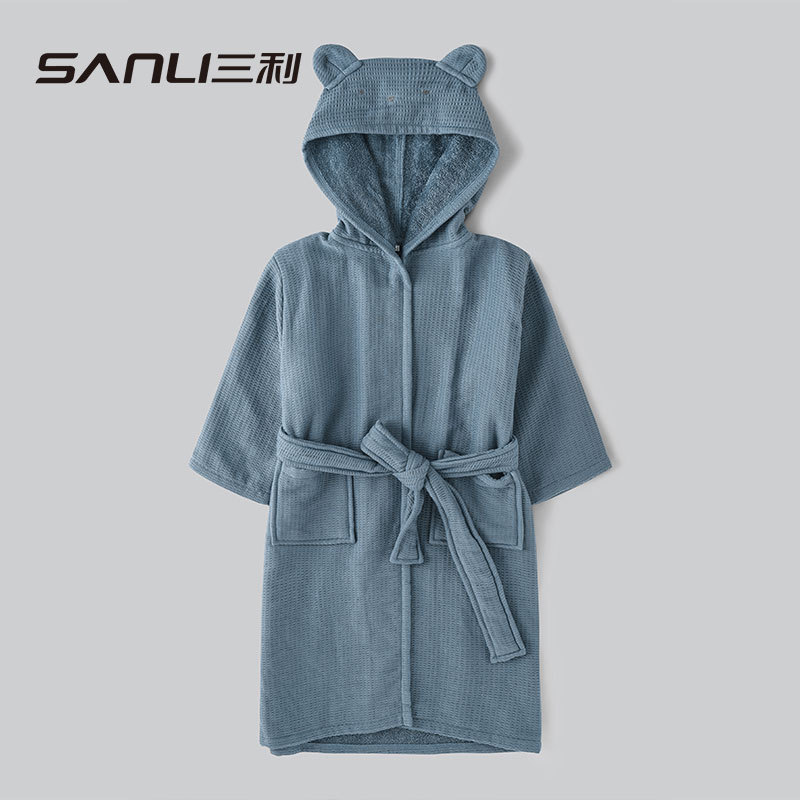 [New Kidsren's Bathrobe] Sanli Towel Cross-Border Cotton Towel Material Nightgown Long-Sleeved Hooded Family Bathrobe Pajamas