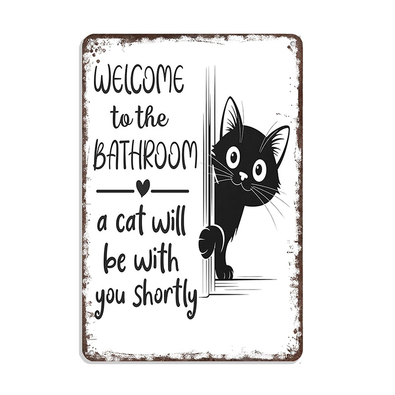 Cross-Border New Retro Black and White Cat Wall Decoration Metal Tin Sign Interesting Dog Bathroom Metal Sign