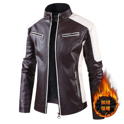2025 cross-border foreign trade autumn and winter leisure motorcycle stitching leather jacket men's fashion stand collar retro warm leather jacket