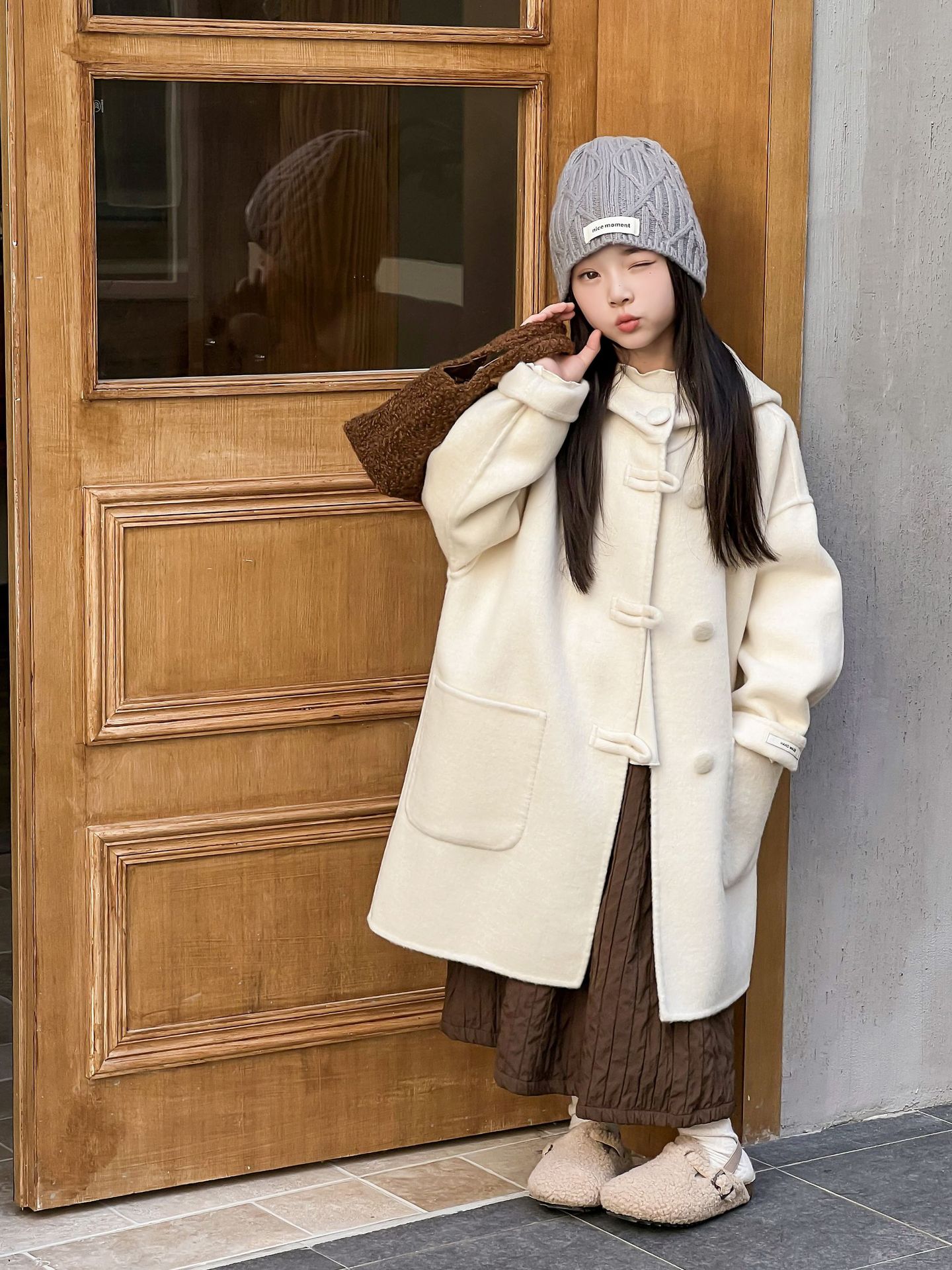2025 New Autumn and Winter Kidsren's Double-Sided Cashmere Outwear Girls' Medium and Large Kidsren's Woolen Outwear Thick Mid-Length