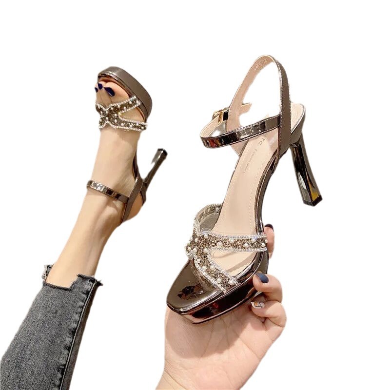 Evening Style Sexy Platform High Heels 2024 Summer New All-match Rhinestone Pearl Stiletto Heel Open Toe Sandals