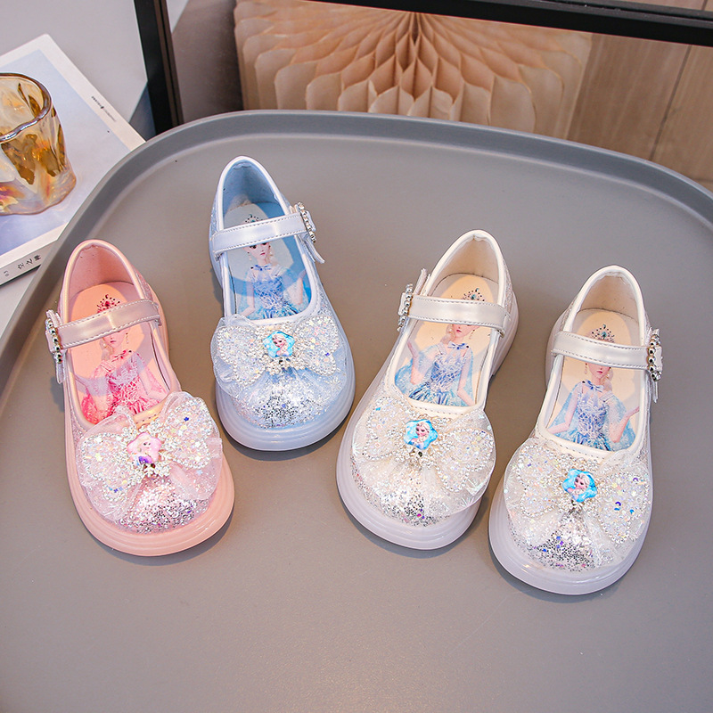 2025 New Elsa Girls Princess Shoes Crystal Spring and Autumn Soft Sole Shoes Fashionable Little Girls Children's Leather Shoes with Lights