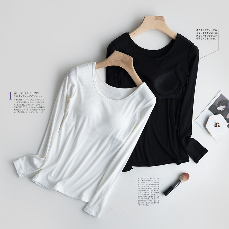 Wear-free bra with chest pad integrated thread long-sleeved T-shirt women's autumn and winter outer wear round neck bottoming inner wear factory wholesale