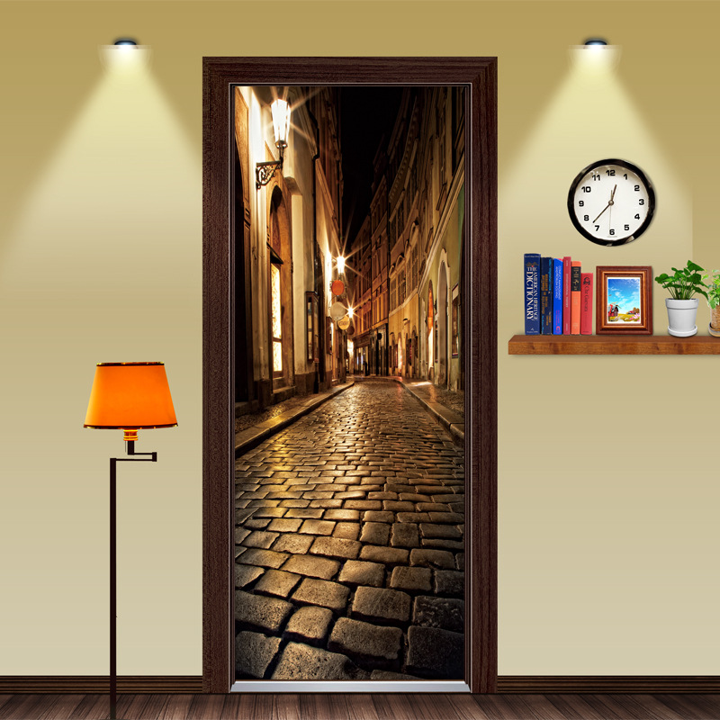 Door stickers wardrobe stickers street small alley decorative painting Night View 3D three-dimensional adhesive sticker convenient mural TB74