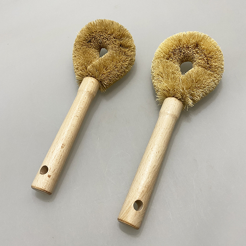 Household Coconut Palm Brush Wooden Handle Non-Stick Oil Pot and Bowl Brush Manufacturer Ready-Made Kitchen Cleaning Utensils Stove Cleaning Brush