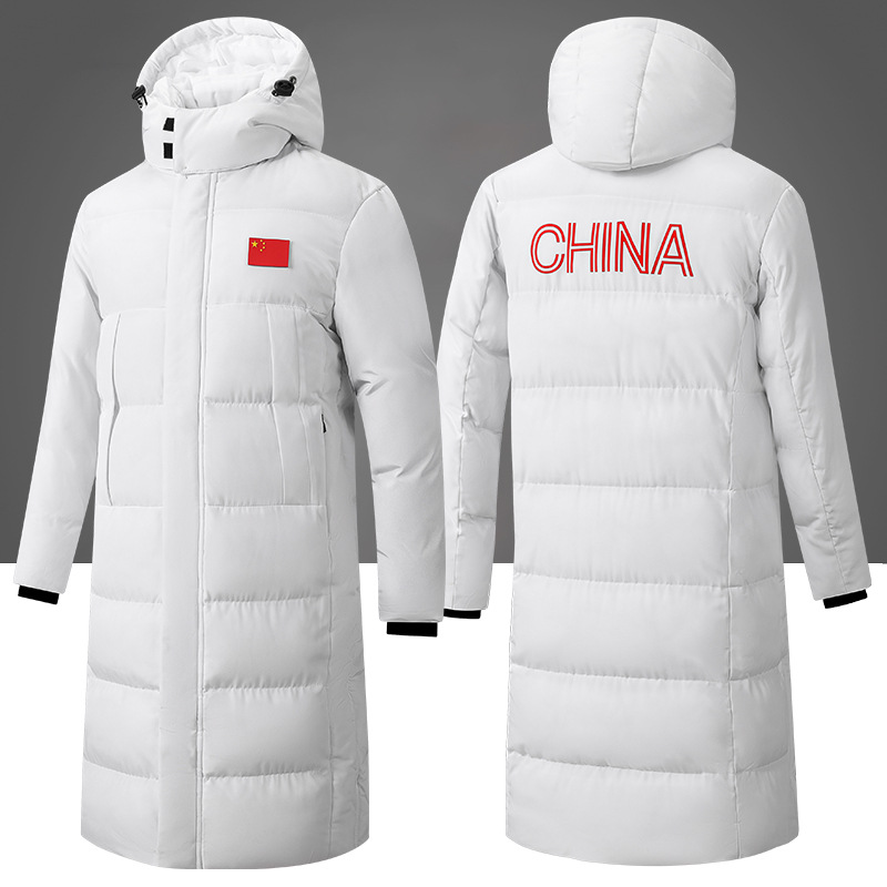 Chinese team winter training plus velvet knee-high athletes cotton coat men's long winter sports institute training down cotton-padded jacket