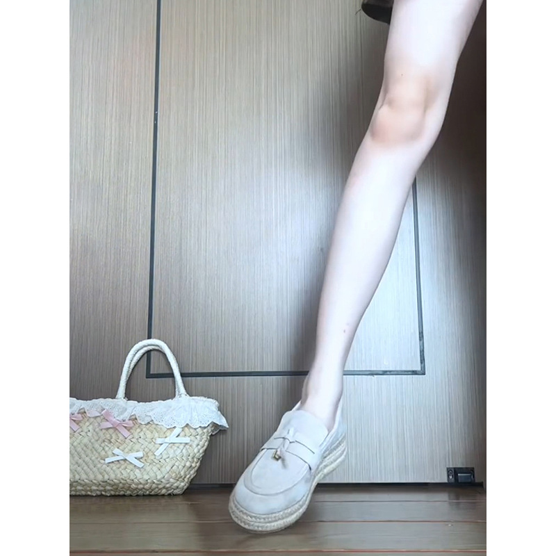 Cowhide Version ~ Genuine Leather Retro Thick-Soled Straw Inner Heightening 6cm Loafers Women's Fisherman's Shoes Slip-On Lazy Shoes