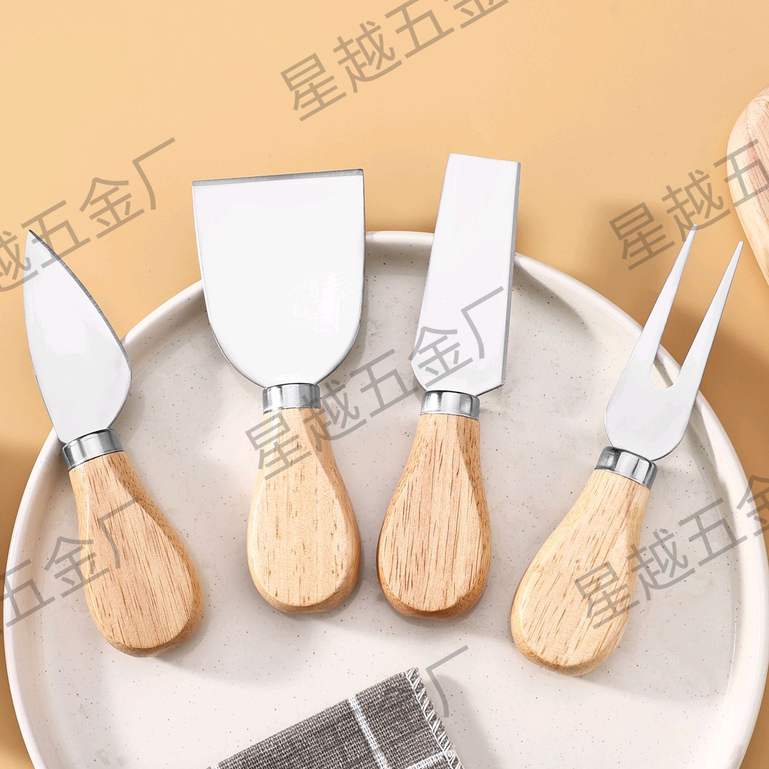 Stainless steel cheese knife 4 pieces suit wooden handle cheese cutter household kitchen pizza knife cheese knife fork shovel suit