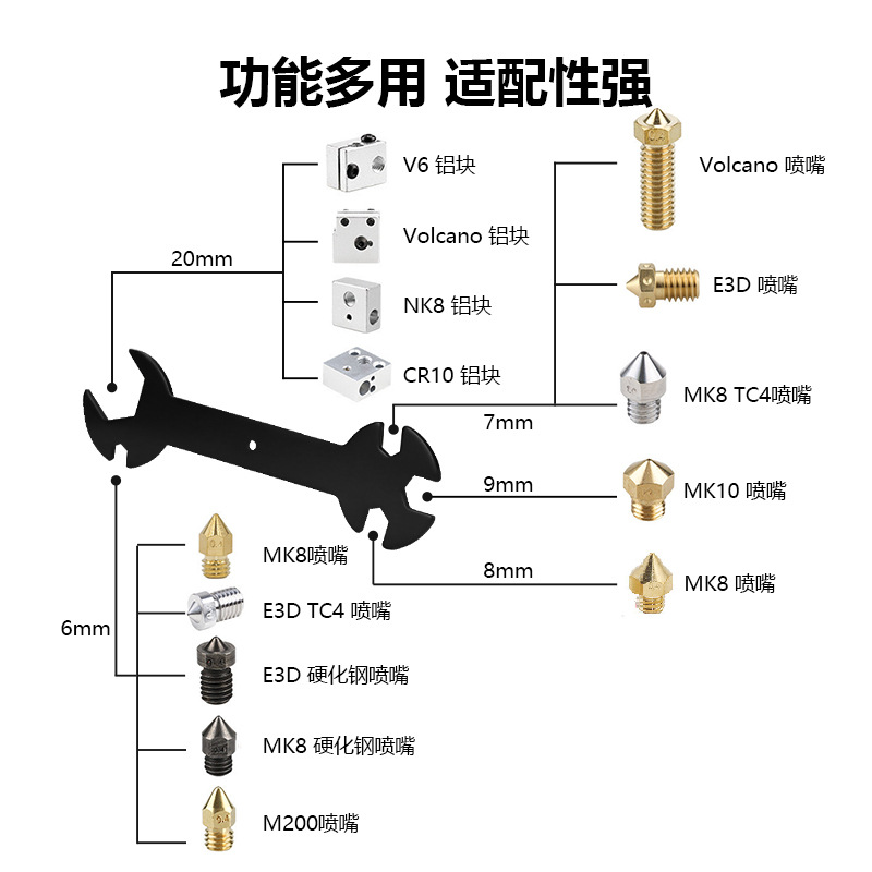 CNC engraving machine five-in-one multifunctional wrench suitable for a variety of nozzle heating block 3D printer accessories