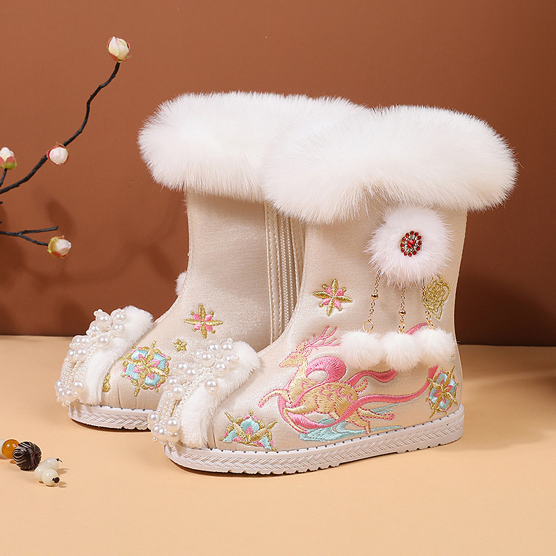 Winter Thickened Girls' Hanfu Shoes Matching New Year's Clothes Girls' Shoes Chinese Style Red Children's Embroidered Shoes Warm Cotton Shoes