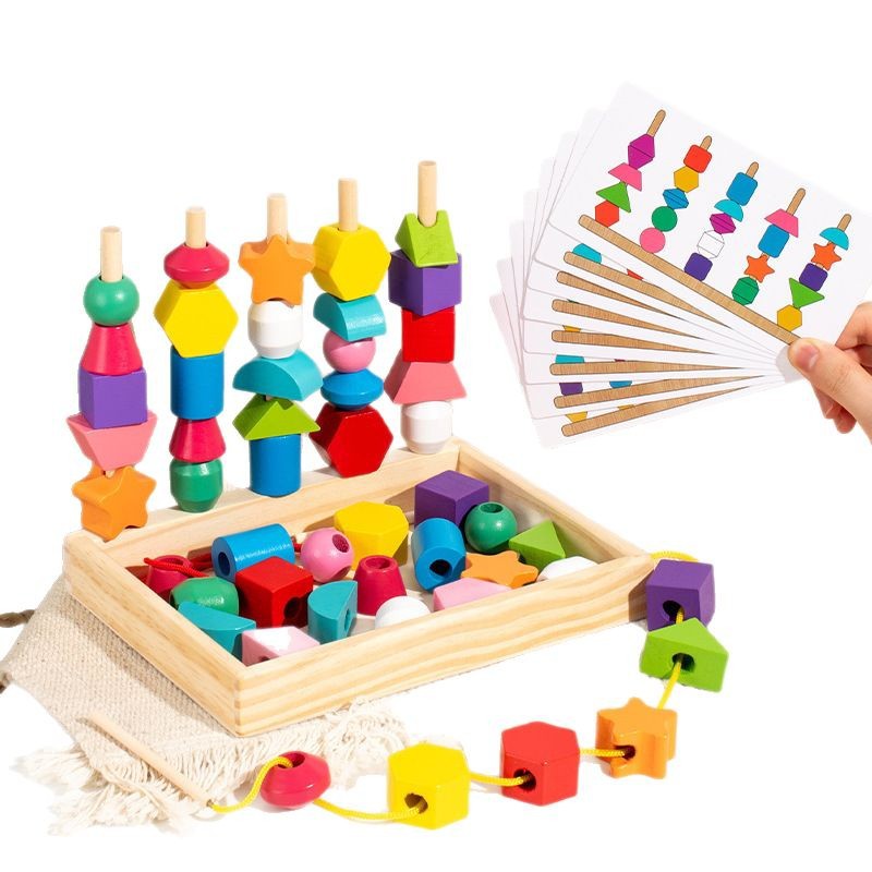 Children's Montessori Early Education Set Column Geometric Shape Matching Graphic Teaching Aids Building Blocks Wooden Beads Benefit Intelligence Toys