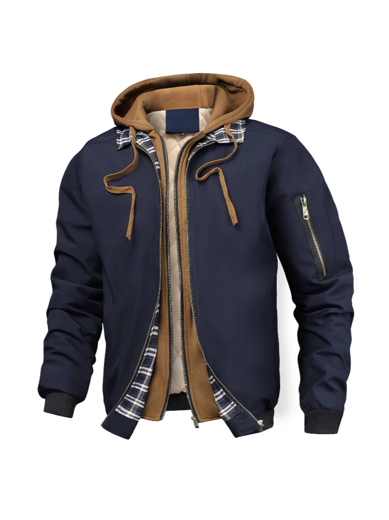 [2025 New Style] Foreign Trade Hot Spring Autumn and Winter Men's Jacket Jacket Quilted Cotton Sweatshirt Hat Fake Two-Piece Youth