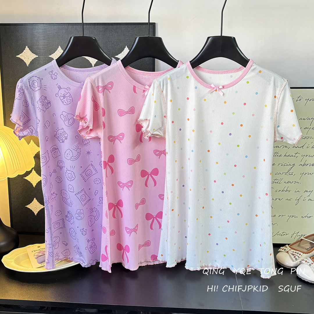 Crewneck Girl Casual Style All-in-one Dress Cartoon Home Printed Baby Nightgown Ice Silk Nightgown Women's Four-needle Six-thread