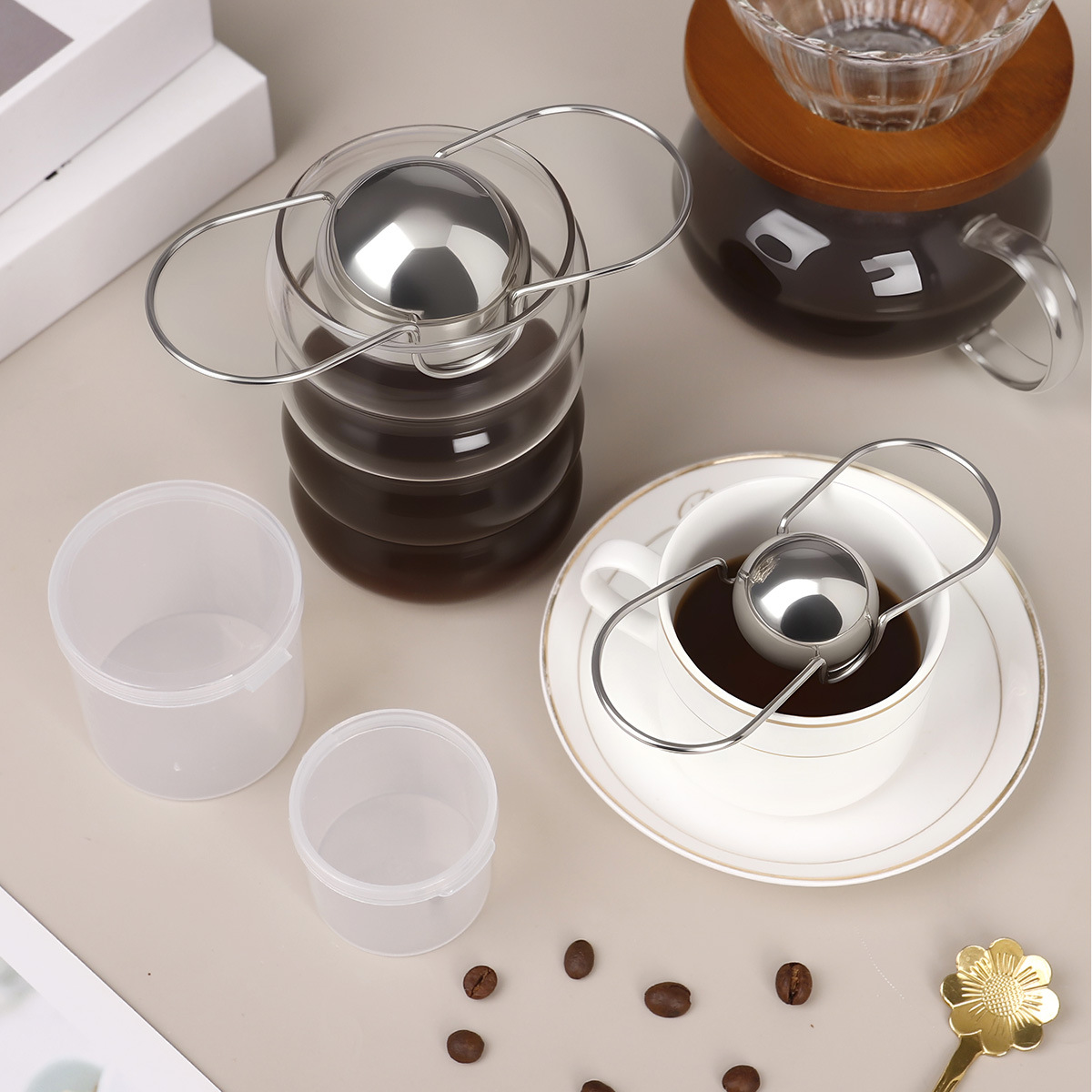 Cross-Border Hand-Brewed Coffee Ice Ball Stainless Steel Cold Brew Coffee Frozen Ice Ball Hand-Brewed Coffee Cold Brew Ice Ball with Stand