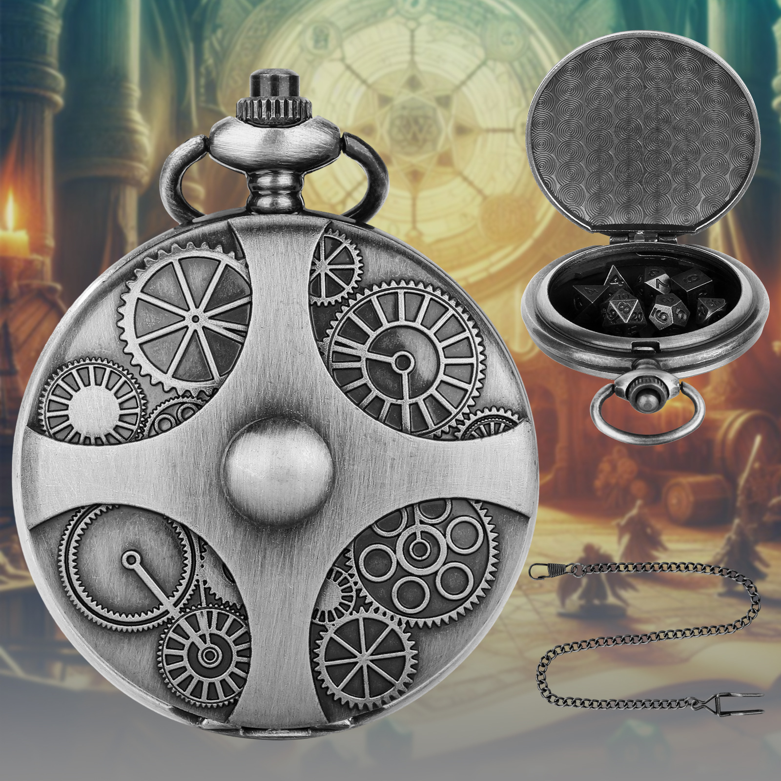 2024 new DND dice bronze gear pocket watch case thick waist chain bronze dice factory in stock direct sales