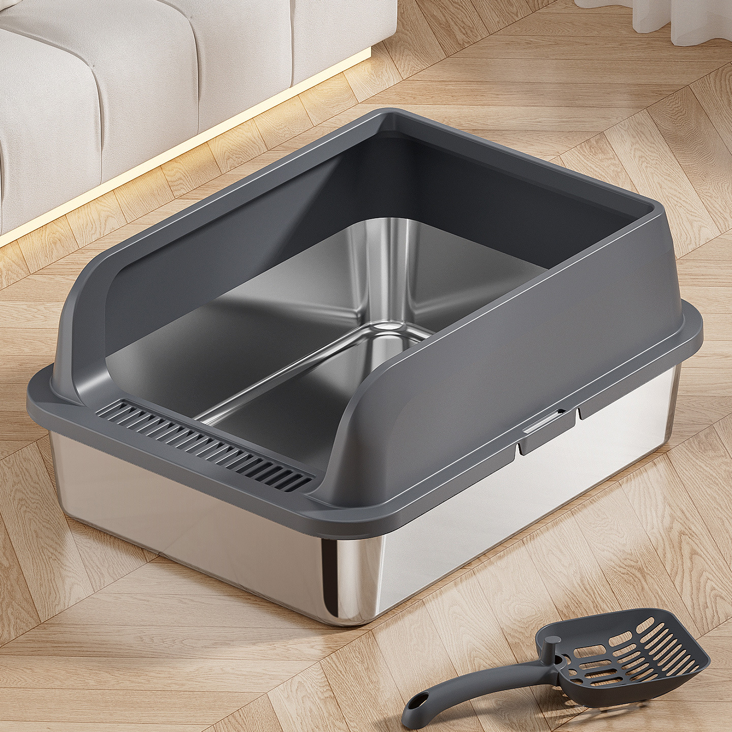 Большой туалет для кошек из нержавеющей стали с высоким забором, против брызг, полузакрытый верхний туалет из нержавеющей стали, принадлежности для домашних животных