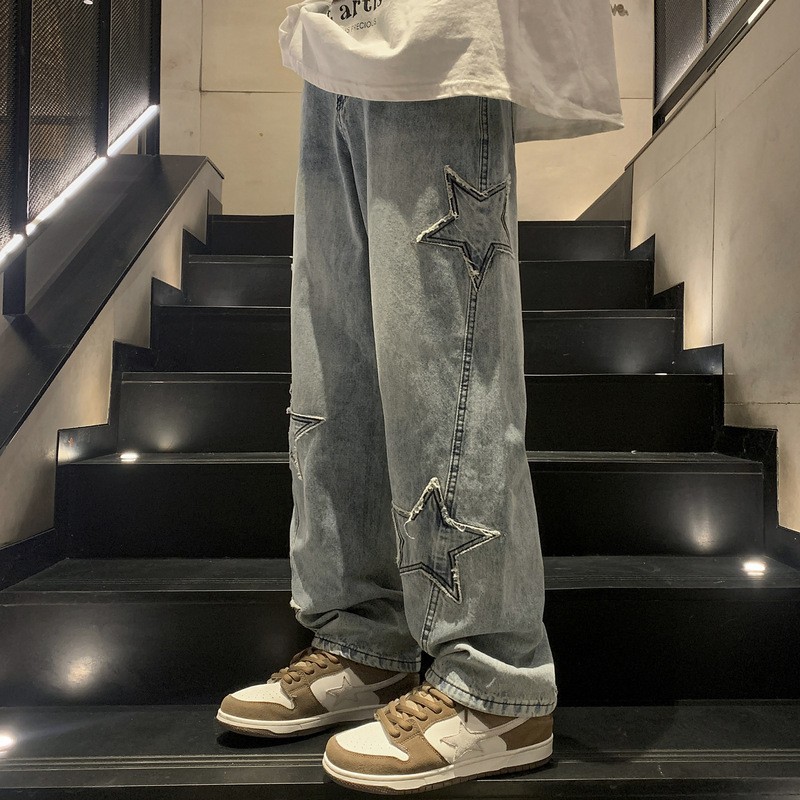 American hiphop star pants high street fashion brand European and American vibe style jeans men's loose straight wide-leg pants