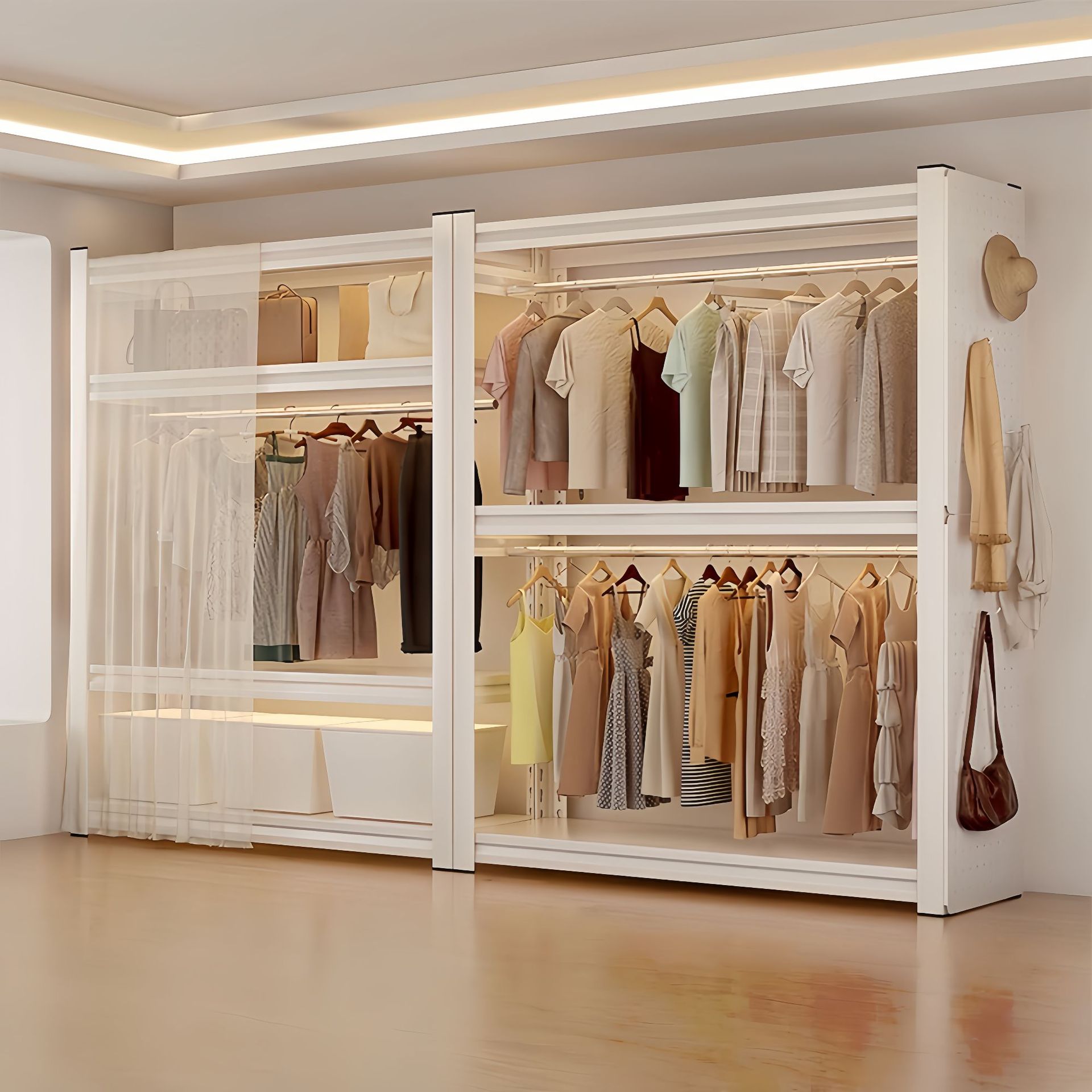 Шкаф для одежды с полкой, пылезащитная штора, открытый гардероб, спальня, простой угловой стальной, напольный, многоуровневый стеллаж