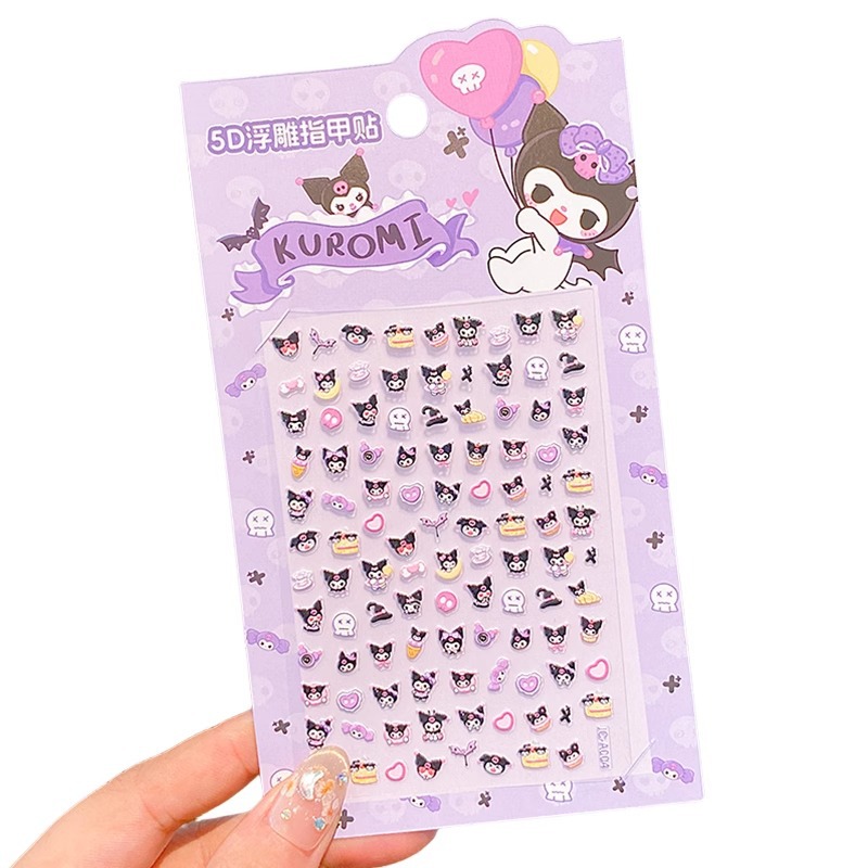 5D Embossed Children Cartoon Sanrio Kulomi Waterproof Nail Patch Hello Kitty Luminous Girl Nail Art Sticker
