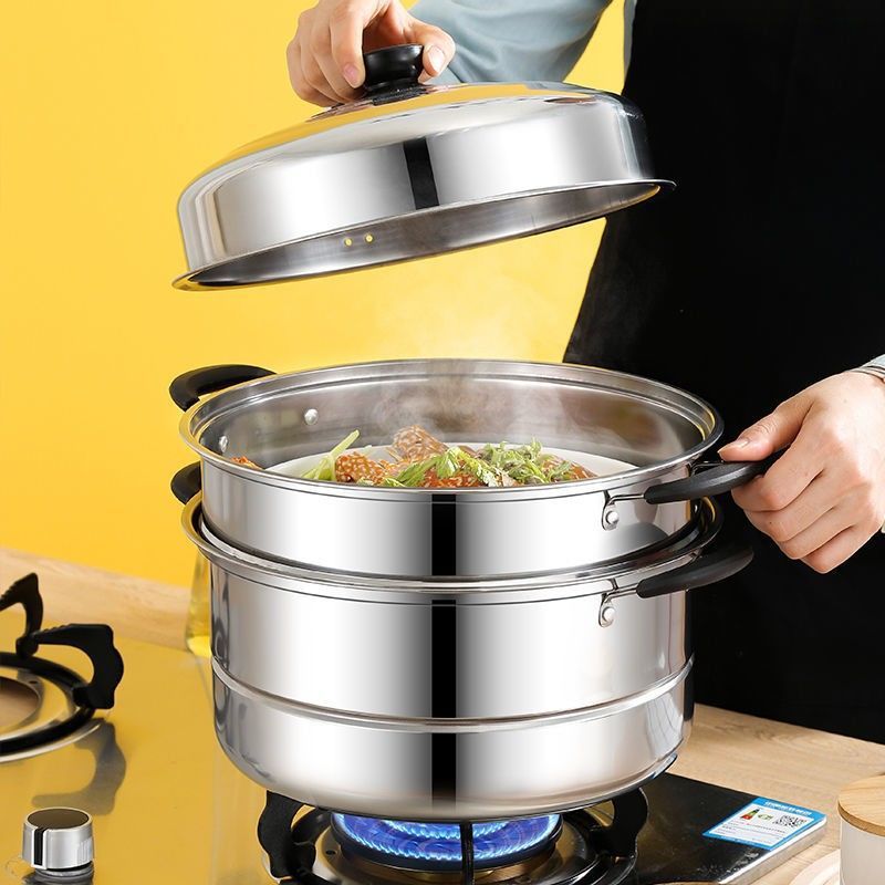 Пароварка из нержавеющей стали 30 см, утолщенная, для домашнего использования, двухуровневая, большая емкость, для приготовления пельменей и рыбы, совместима с индукционными плитами