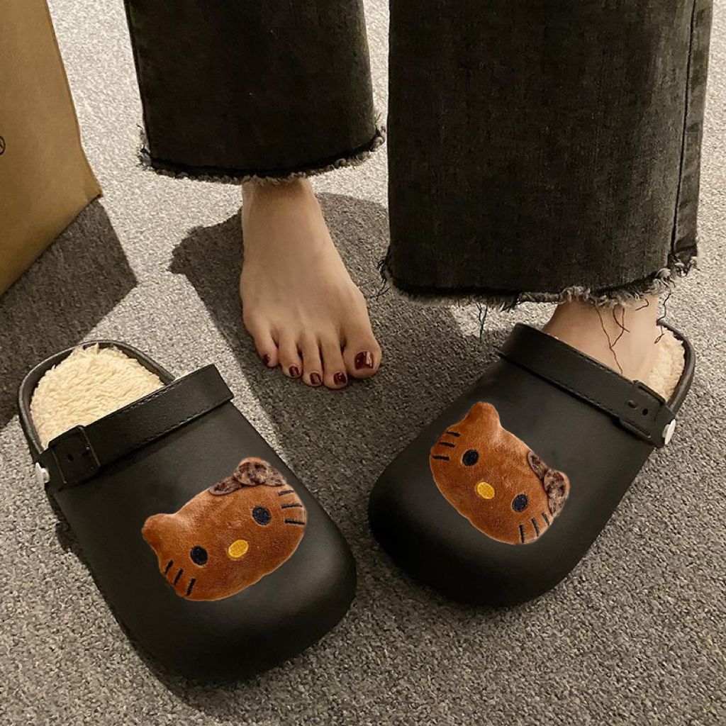 Cute Kt Cat Cotton Slippers for Women Winter 2025 New Velvet Warm Anti-Slip Waterproof Indoor and Outdoor Toe-Cap Slippers