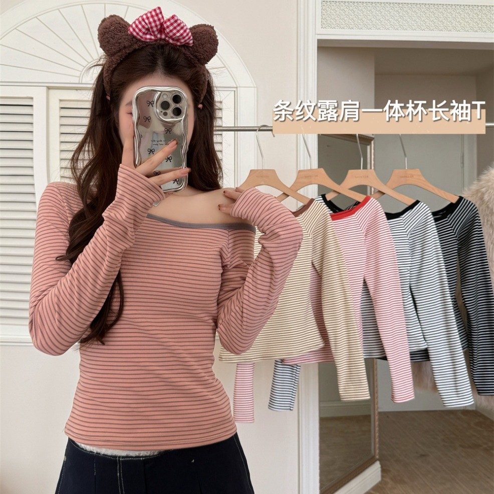 5180 # 280г кашемировая теплая полосатая футболка длинный рукав женская нишевая с открытыми плечами контрастный цвет полосатый топ