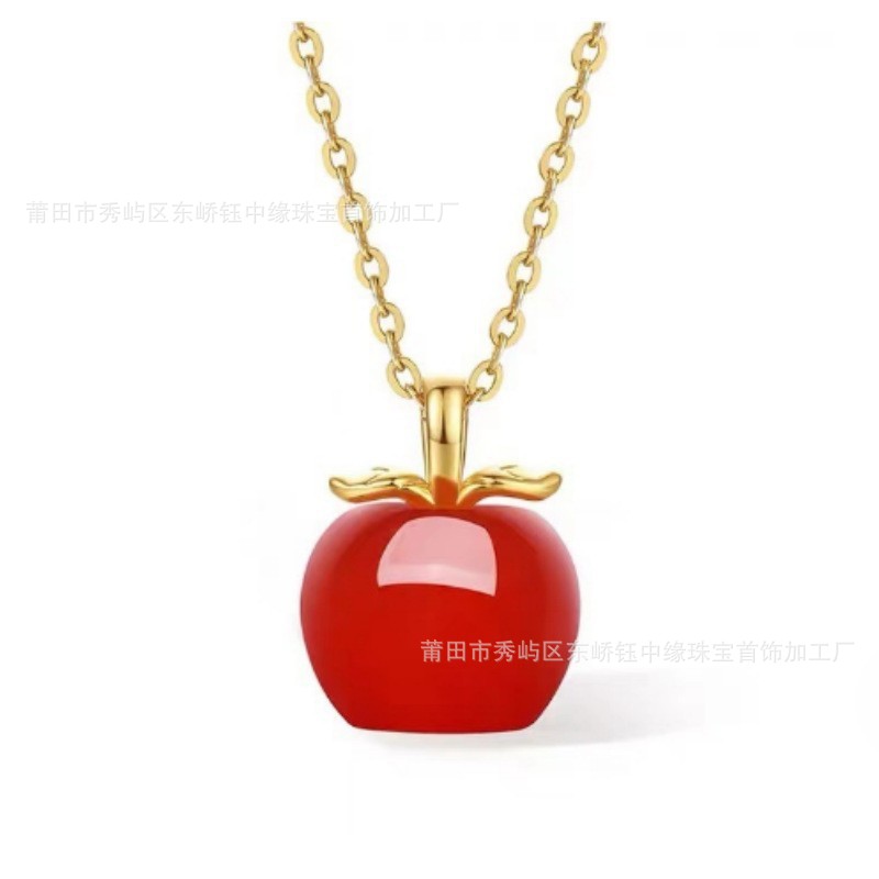 18K Gold Leaf Inlaid with Red Agate Apple Pendant Accessible Luxury Niche Peace Fruit Necklace Christmas Eve Gift