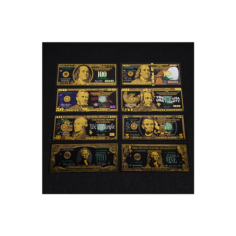 Factory Direct Plastic Black Color 100 Gold Foil Currency Commemorative Coins 8-Piece Set Colorful Double-Sided Color Printed Dollar Commemorative Banknotes