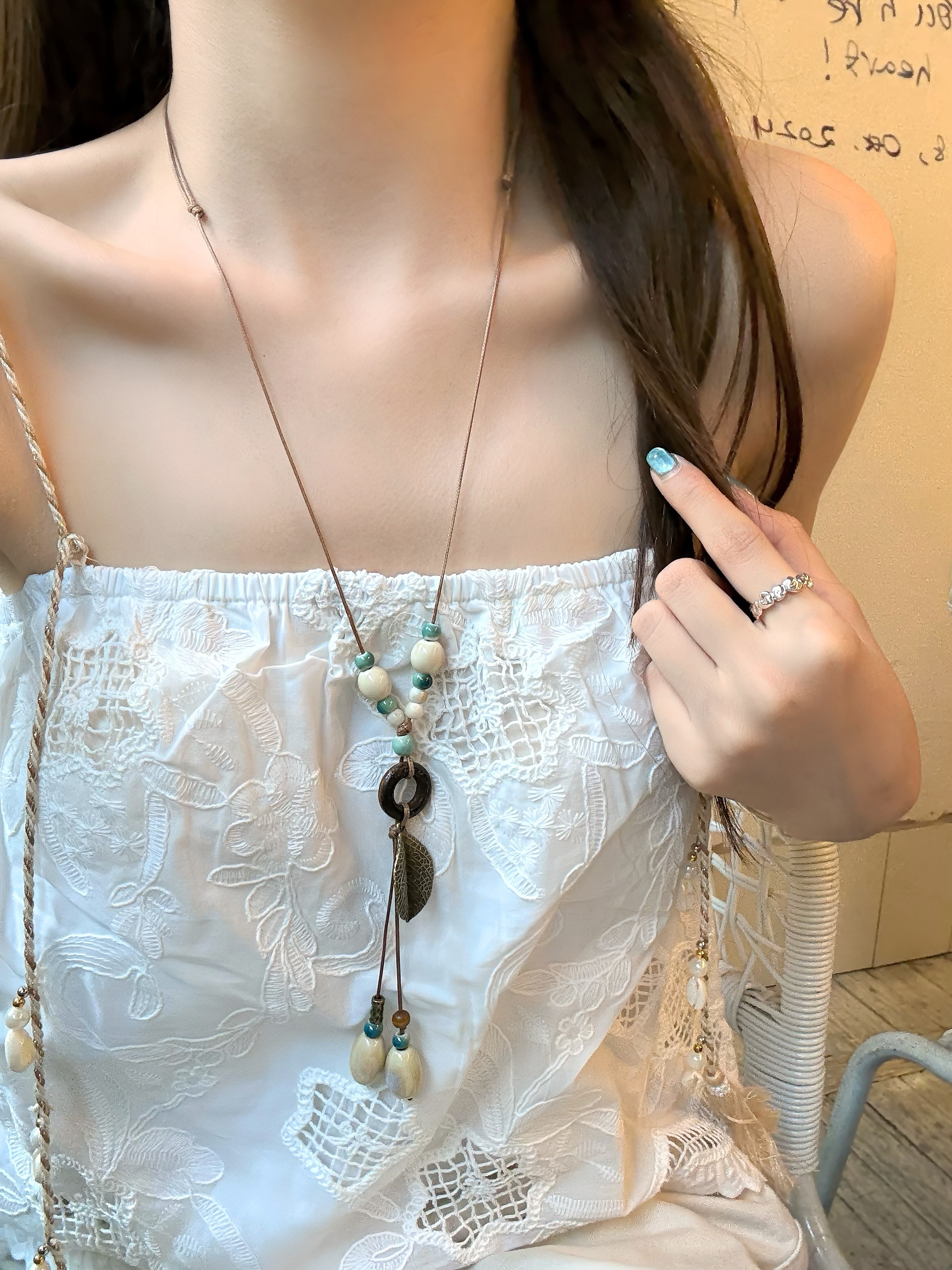 [Peach Tea] Wutong Amber Long Natural Stone Ceramic Pendant Necklace Chinese Ethnic Style Halter Accessory