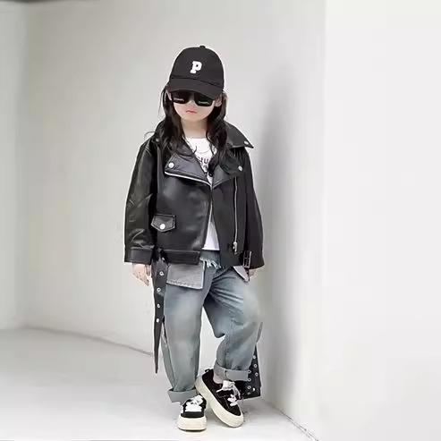 Spring and Autumn New Motorcycle Style Korean Short PU Jacket Boys and Girls Fashion High Sense Street Fashion Brand Lapel Leather Jacket