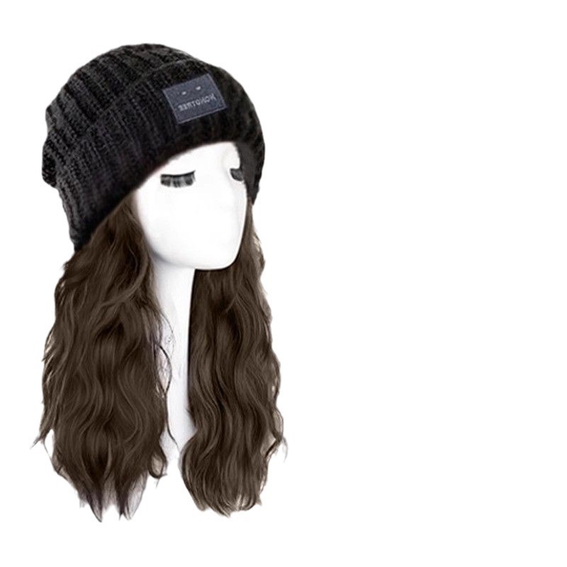 Ruolan Hat Wig All-In-One Women's Fashionable Versatile Knitted Hat Full Headgear Wavy Curly Artificial Hair Full Wig Hat