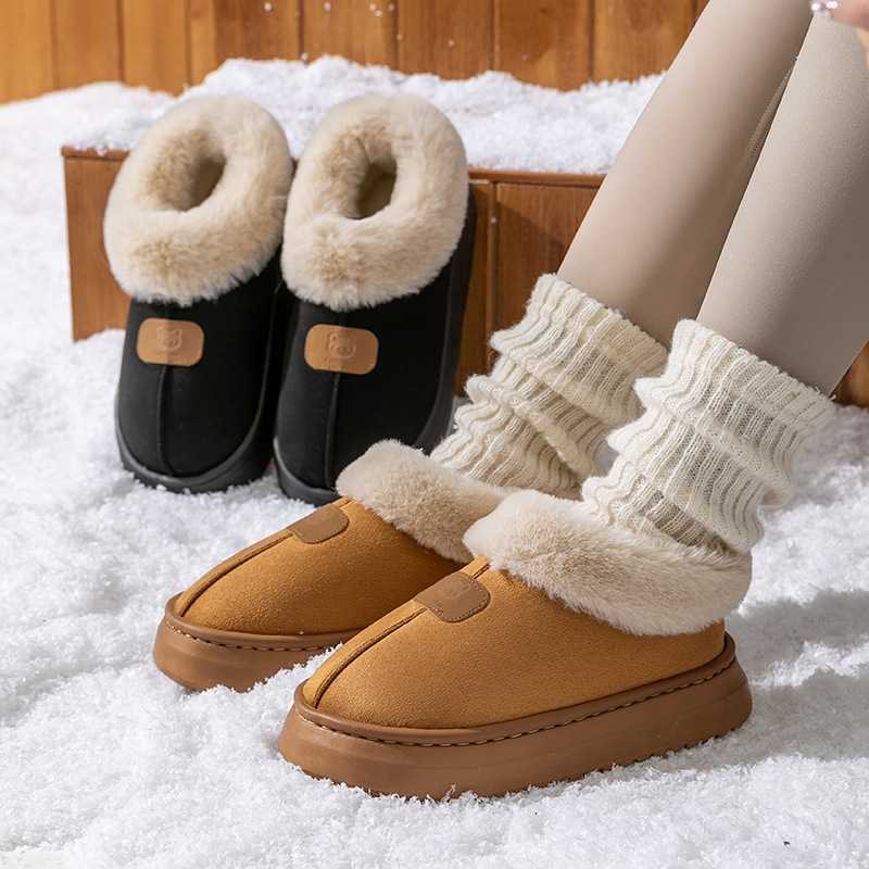 Cartoon Bear Head Plush Slippers for Women, Autumn and Winter Indoor Fleece Warm Maternity Shoes, Outdoor Couple Plush Snow Boots