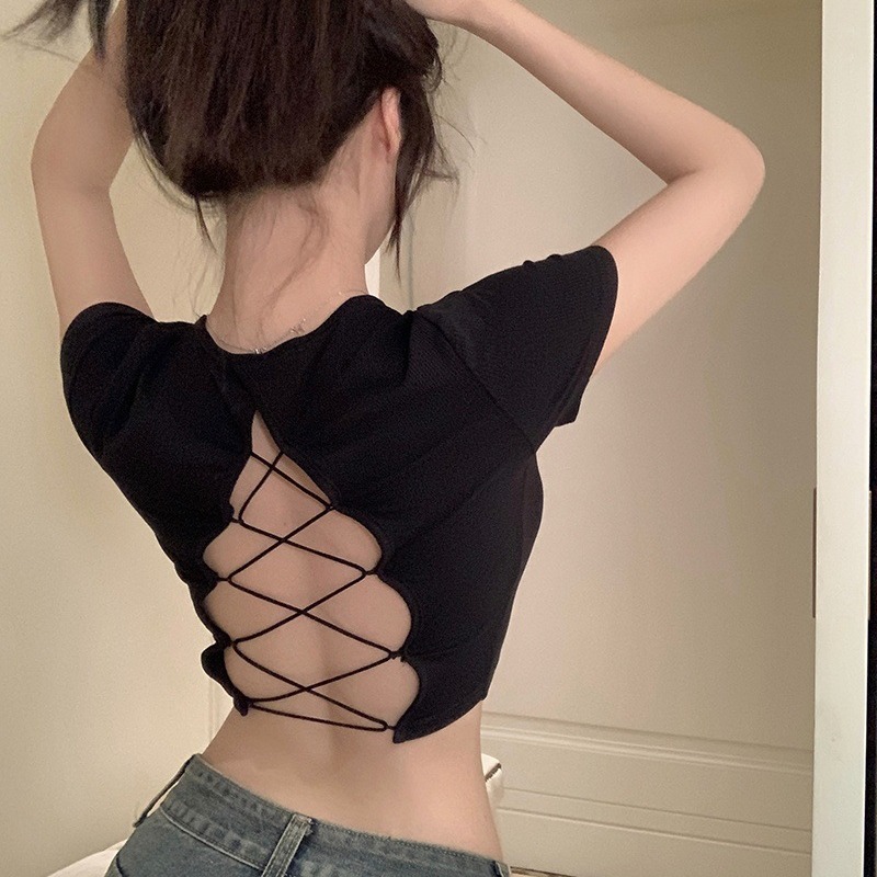 Чистая сладкая пряная сексуальная блузка без спины, женская летняя дизайнерская футболка с коротким рукавом и вставкой для груди
