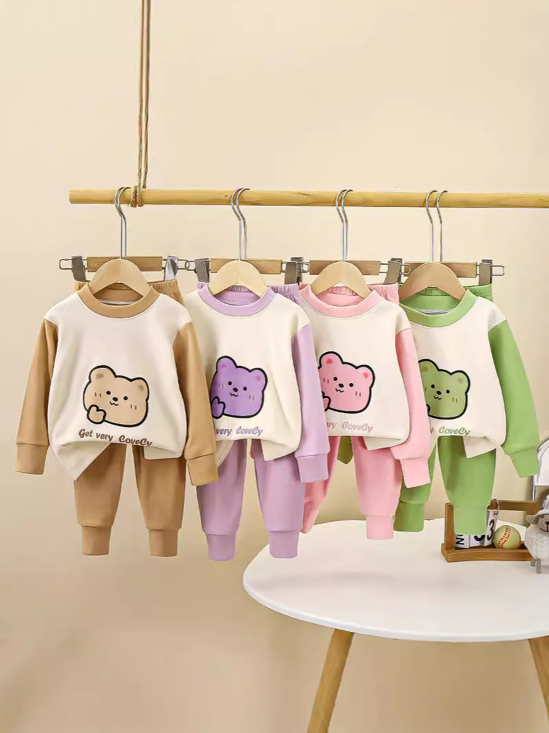 Children's Fall/Winter Double-Sided Velvet Suit for Boys and Girls Autumn Clothes Autumn Trousers Baby Home Clothes Underwear suit Base Pajamas