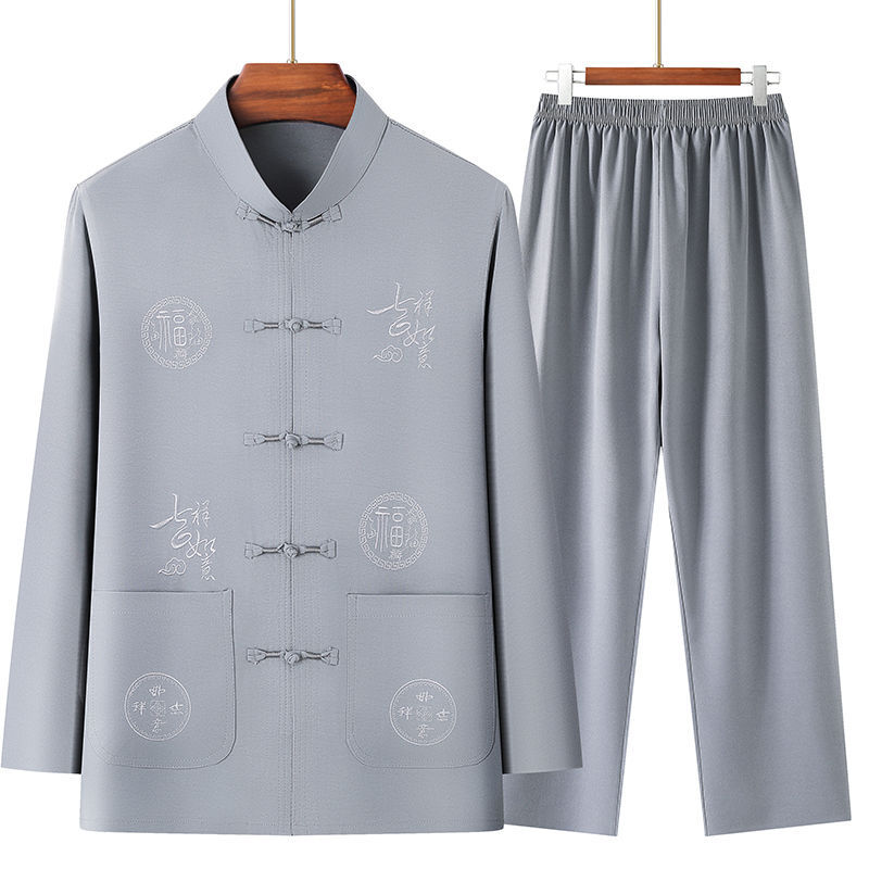 Костюм тан для мужчин, китайский стиль, длинный рукав, вышитый, одежда для дедушек, летняя одежда, одежда в стиле Хань для пожилых