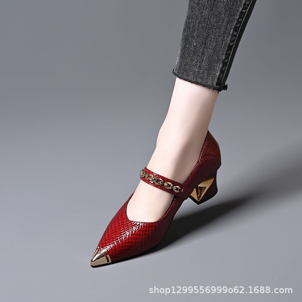 Chunky Heel Women's Shoes 2025 Spring and Autumn New Pointed Toe Shallow Mouth Metal Chain Versatile Comfortable Non-Tiring Mules