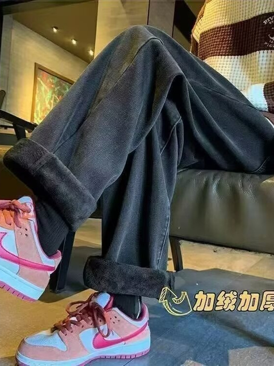 High Street Retro Velvet Thickeneded Jeans Men's Winter 2025 New Elastic Waist Straight Loose Warm Wide Leg Pants