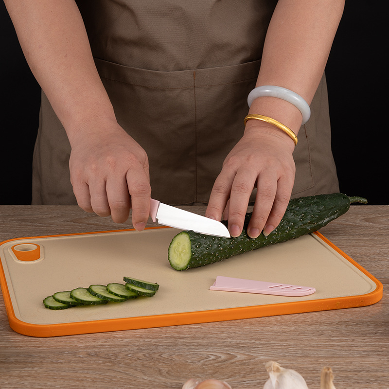 Net red kitchen stainless steel fruit knife baby food supplement suit cutting board knife fork melon planing cross-border wholesale suction card combination