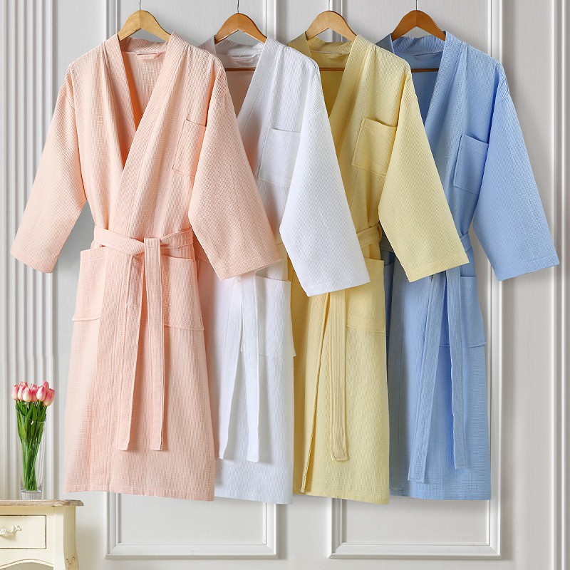Pure Cotton Waffle Bathrobe Wholesale Customized with Logo Five-Star Hotel, B&B, Beauty Salon, Universal for All Seasons