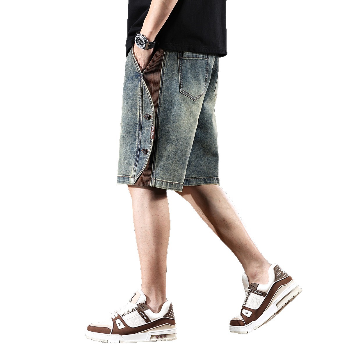 American Retro Workwear Denim Shorts Men's Summer New Loose Wide-Leg Heavy Casual Splicing Five-Point Pants