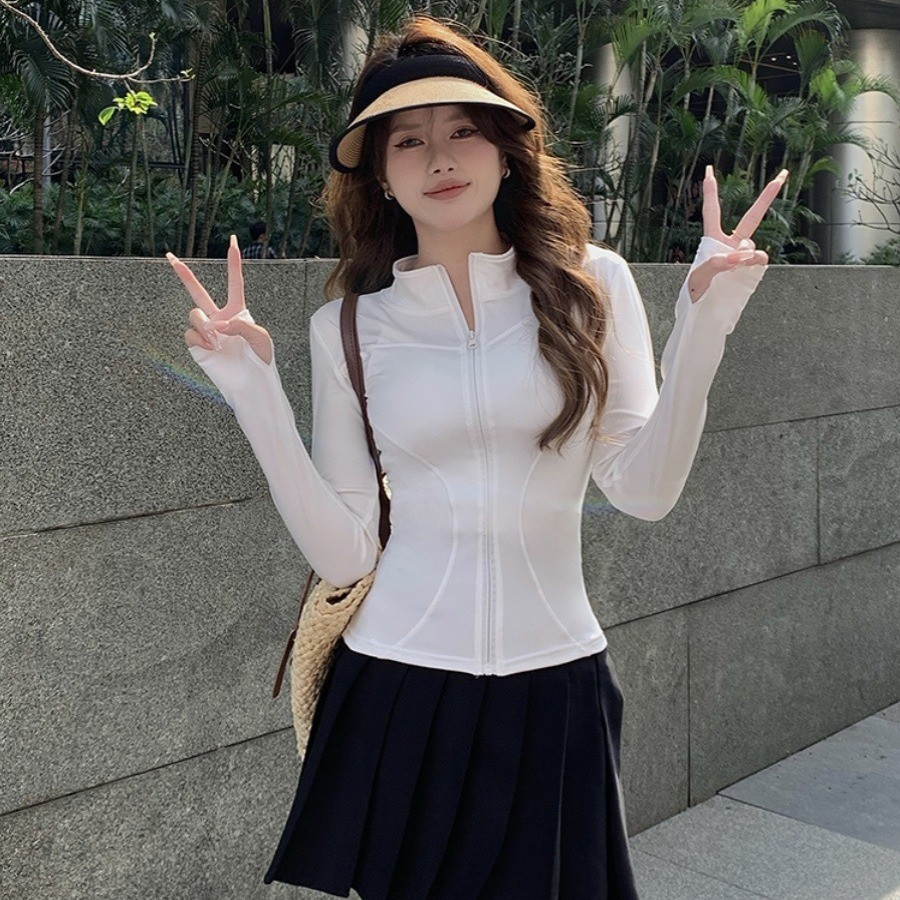 2025 Новый облегающий кардиган для йоги и фитнеса Тонкий верх Вертикальный воротник Нейлоновая защита от солнца Женская летняя одежда