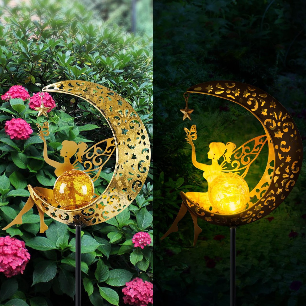 Solar Iron Cut Out Wind Chime Camping Style Light Moon Sun Star Led Outdoor Garden Landscape Courtyard Decoration