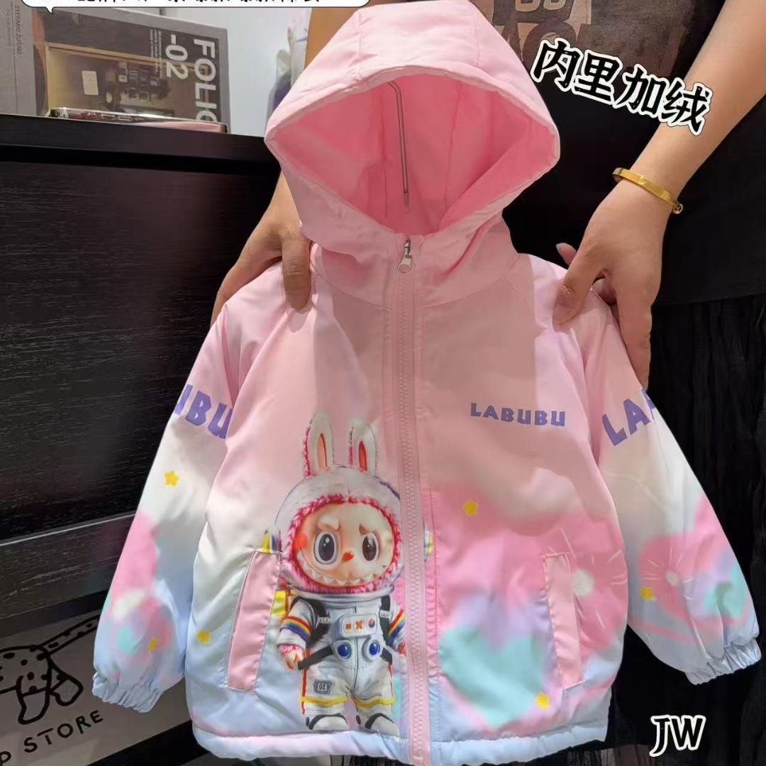 Labubu Girls' Winter Cotton-Padded and Velvet Jackets, Small and Medium-Sized Children's Windproof Jackets, Winter Hooded Thickeneded Windbreakers