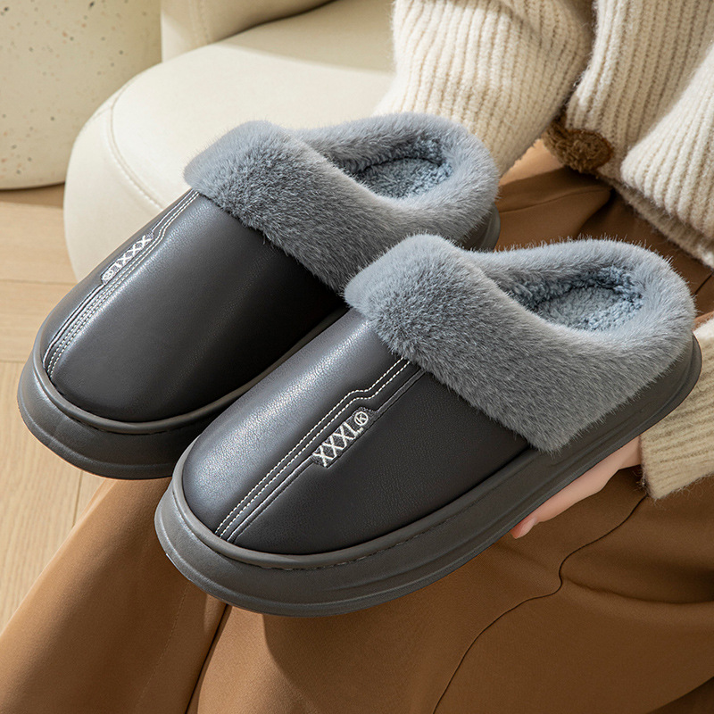 Зимние хлопковые тапочки большого размера для мужчин, водонепроницаемые тапочки из PU кожи с толстой подошвой, домашние нескользящие теплые обувь 47 48 49