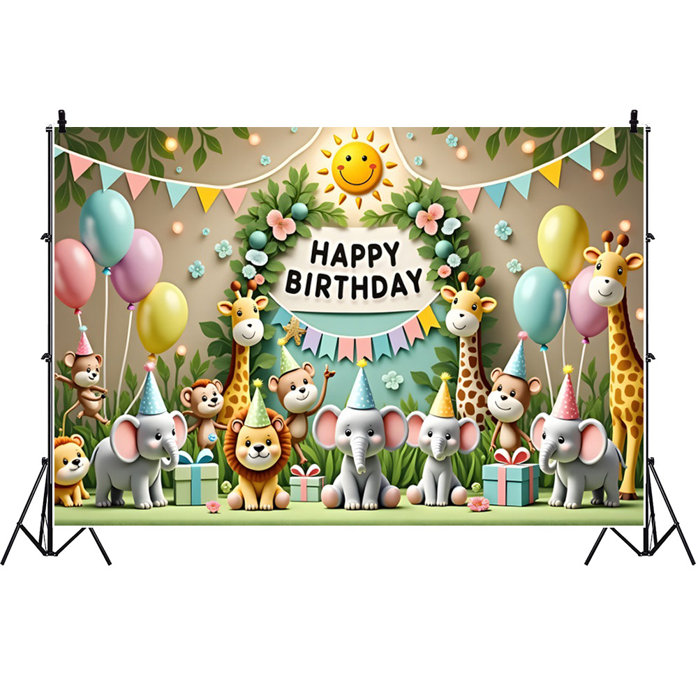 New Cartoon Jungle Zoo Children's Birthday Party Decoration Foreign Trade Cross-Border Photography Background Cloth Banner